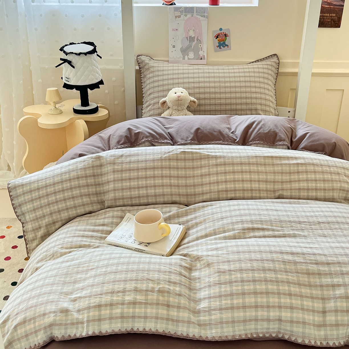 91家纺网 家纺一手货源 找家纺 蓝邻家纺 2025新款全棉水洗棉贝壳边三件套四件套-学生床 日落灰