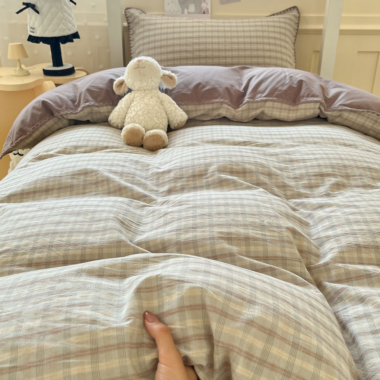 91家纺网 家纺一手货源 找家纺 蓝邻家纺 2025新款全棉水洗棉贝壳边三件套四件套-学生床 日落灰