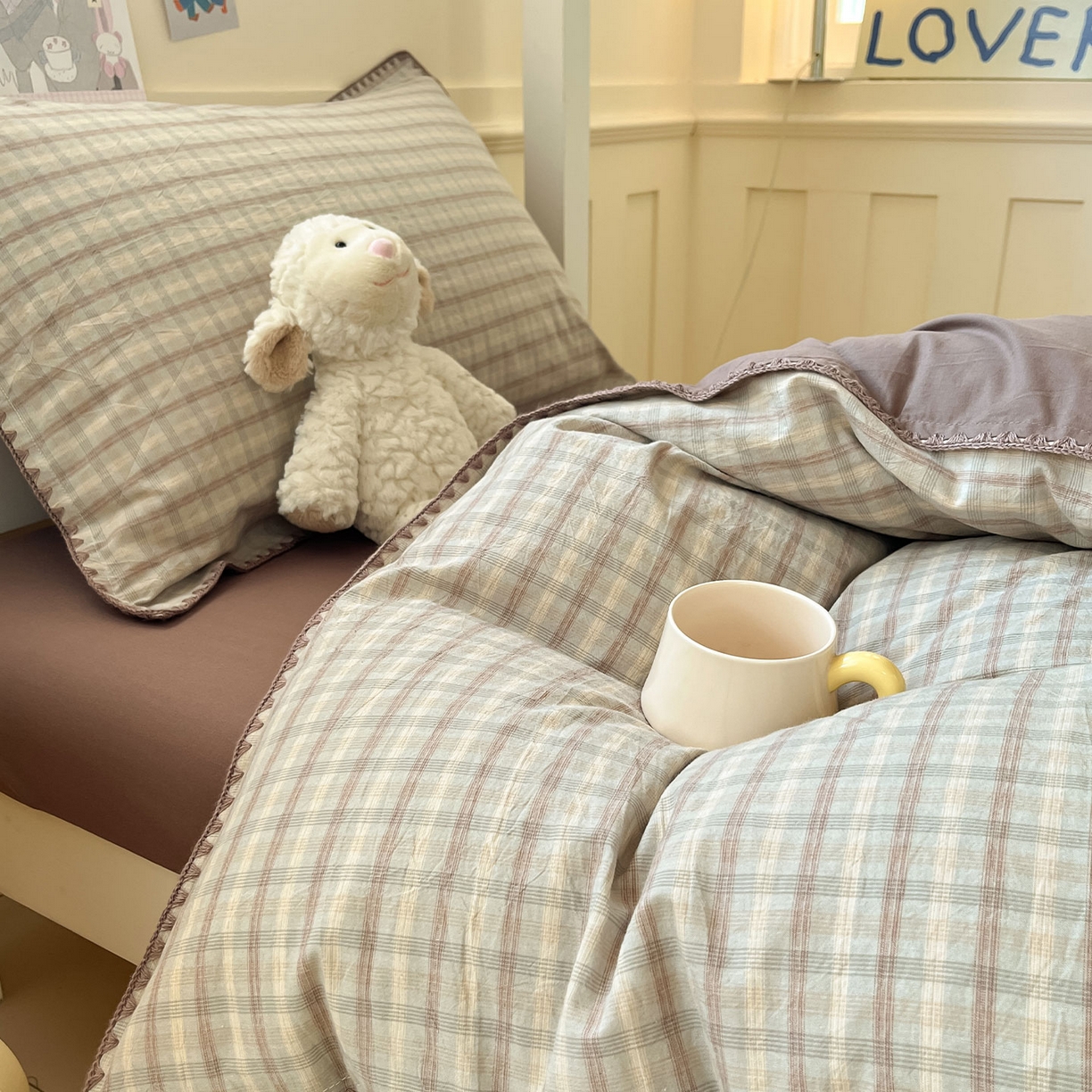 91家纺网 家纺一手货源 找家纺 蓝邻家纺 2025新款全棉水洗棉贝壳边三件套四件套-学生床 日落灰