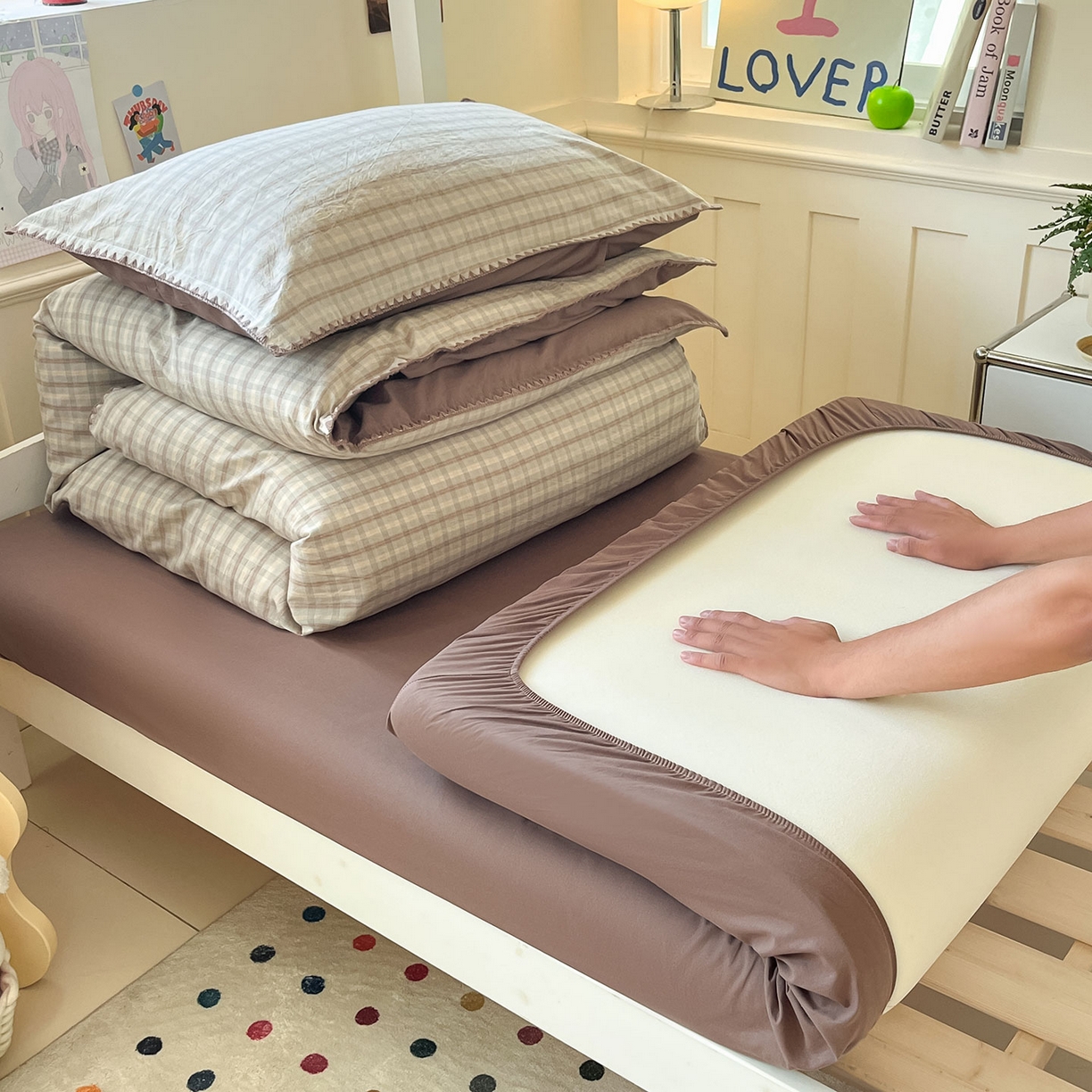 91家纺网 家纺一手货源 找家纺 蓝邻家纺 2025新款全棉水洗棉贝壳边三件套四件套-学生床 日落灰