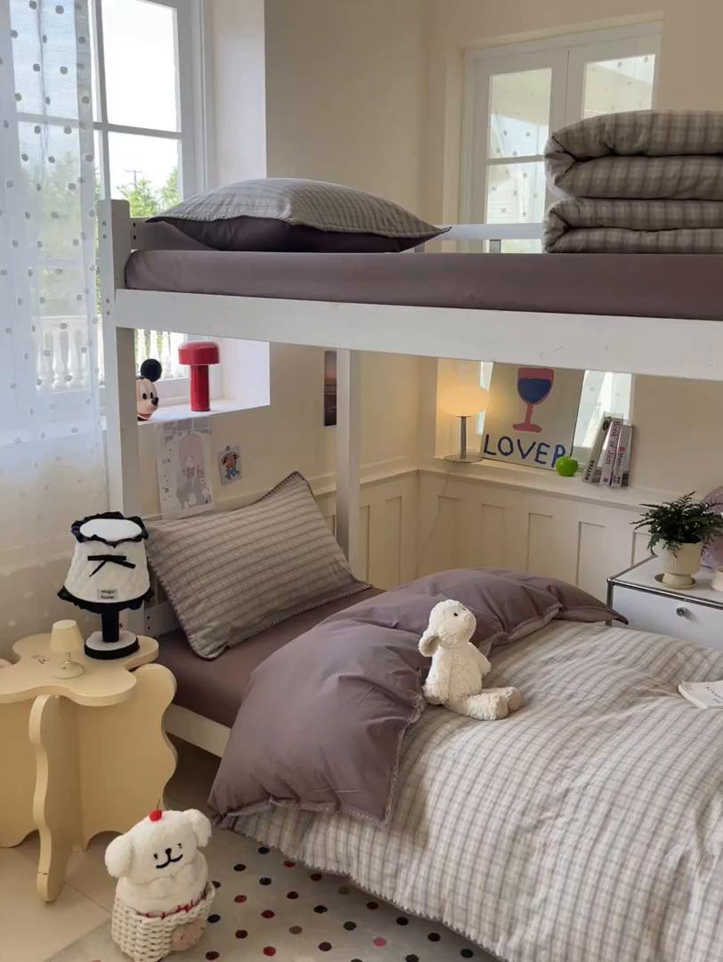 91家纺网 家纺一手货源 找家纺 蓝邻家纺 2025新款全棉水洗棉贝壳边三件套四件套-学生床 日落灰