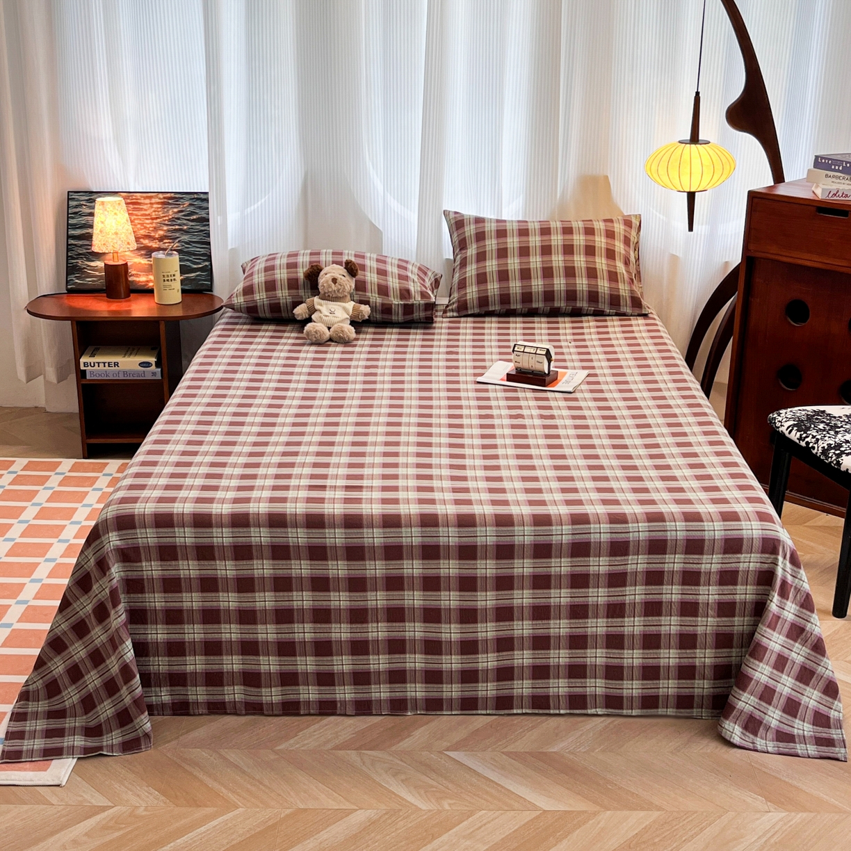 91家纺网 家纺一手货源 找家纺 韩巢家纺 2025新款双层纱格子复古风床单人学生宿舍单床单 床单单件 薄巧