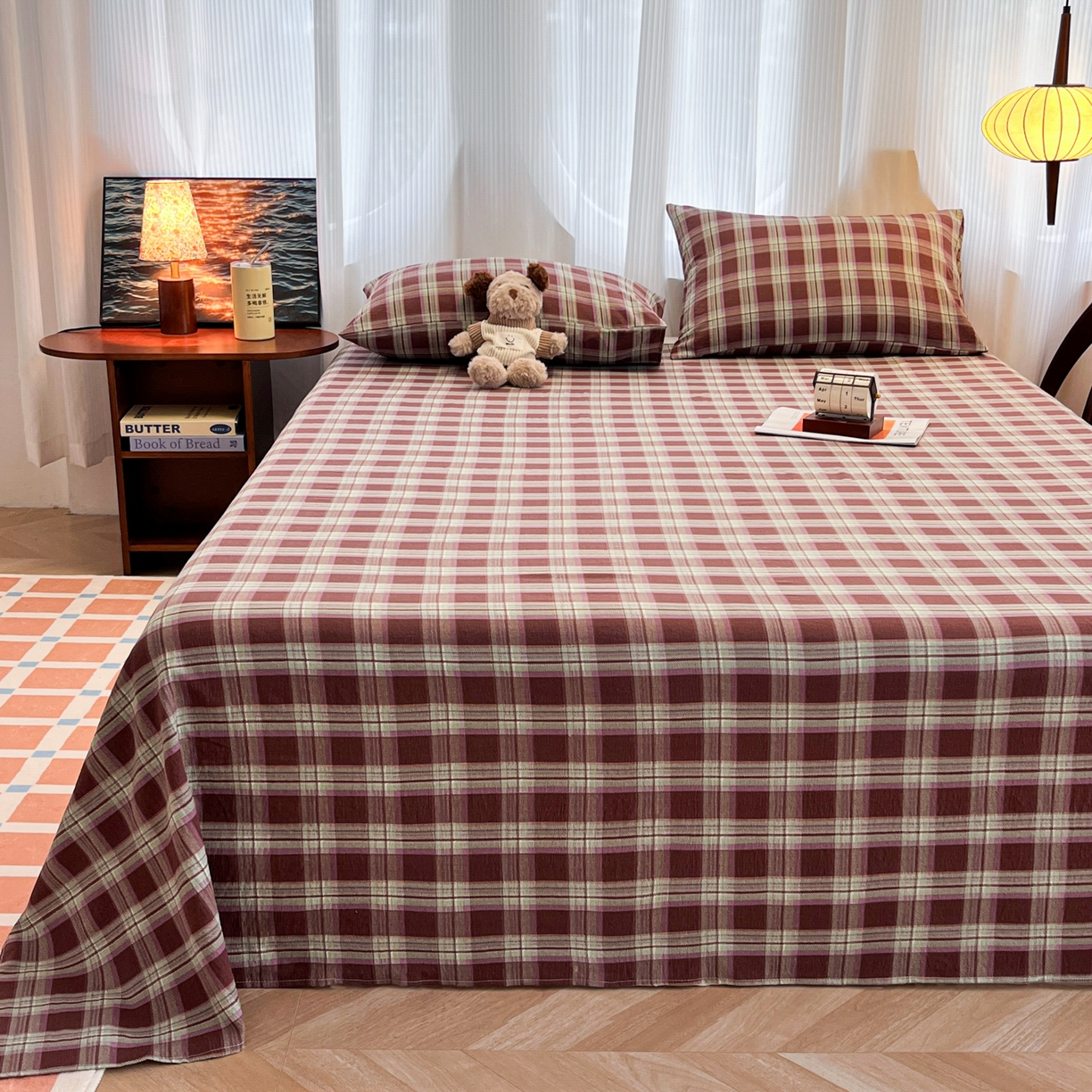 91家纺网 家纺一手货源 找家纺 韩巢家纺 2025新款双层纱格子复古风床单人学生宿舍单床单 床单单件 薄巧