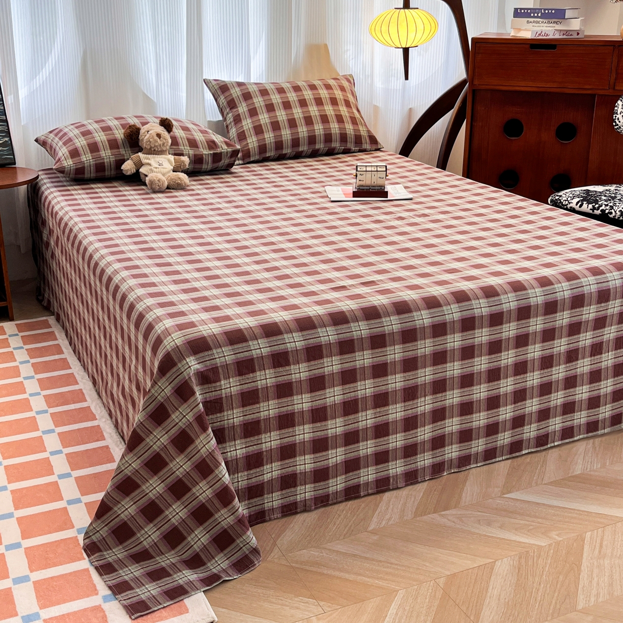 91家纺网 家纺一手货源 找家纺 韩巢家纺 2025新款双层纱格子复古风床单人学生宿舍单床单 床单单件 薄巧