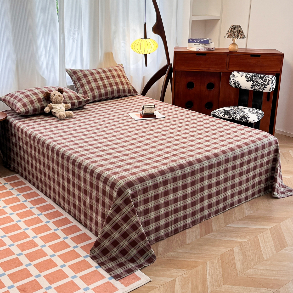 91家纺网 家纺一手货源 找家纺 韩巢家纺 2025新款双层纱格子复古风床单人学生宿舍单床单 床单单件 薄巧