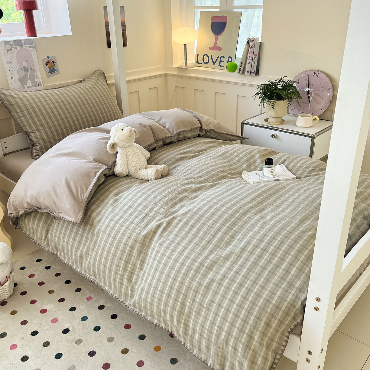 蓝邻家纺 2025新款全棉水洗棉贝壳边三件套四件套-学生床 日落绿