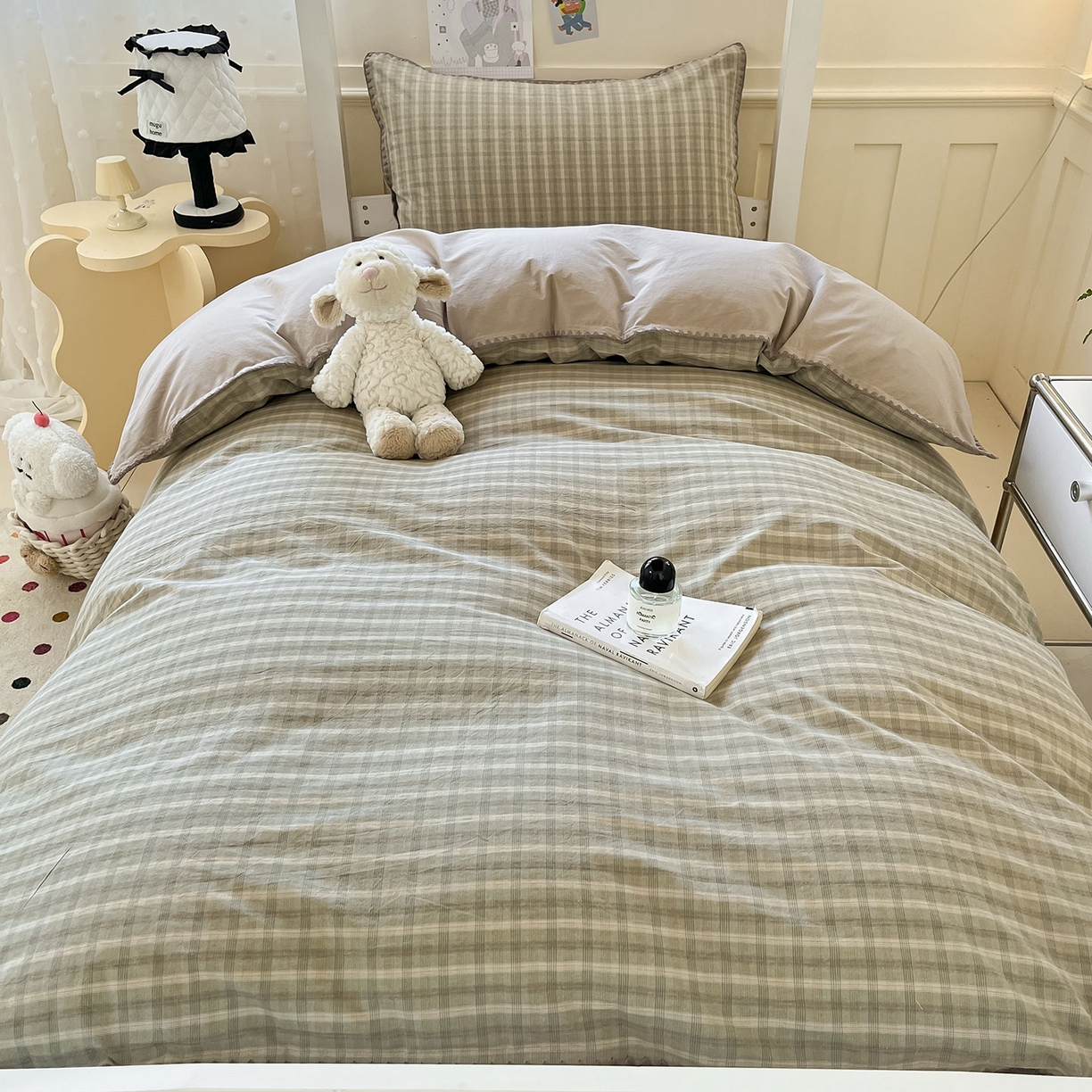 91家纺网 家纺一手货源 找家纺 蓝邻家纺 2025新款全棉水洗棉贝壳边三件套四件套-学生床 日落绿