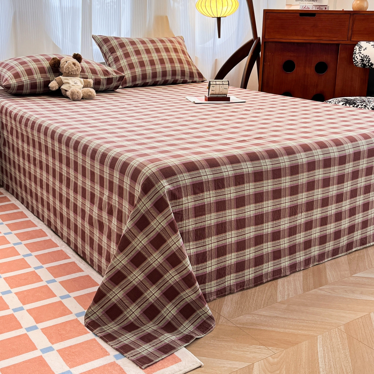 91家纺网 家纺一手货源 找家纺 韩巢家纺 2025新款双层纱格子复古风床单人学生宿舍单床单 床单单件 薄巧