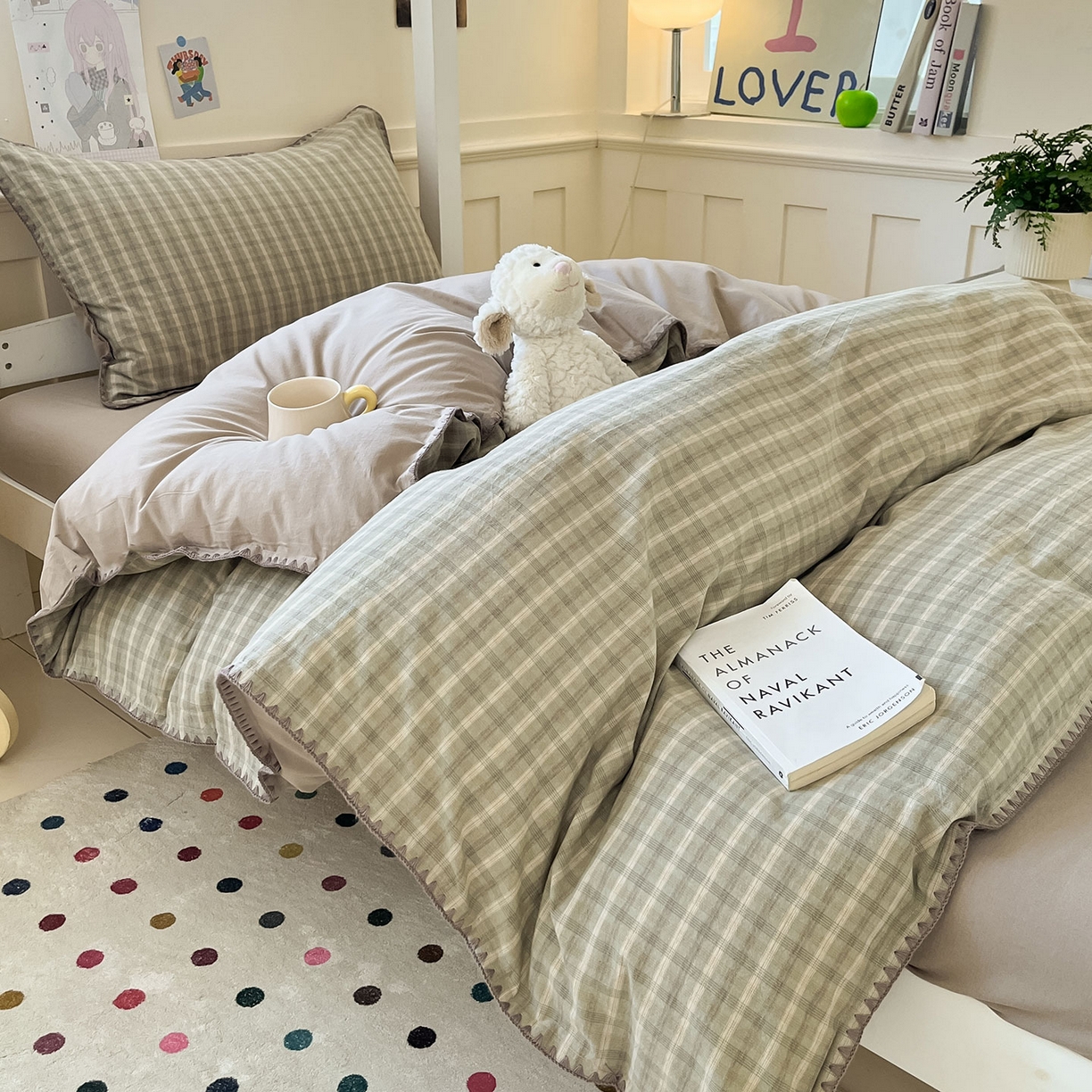 91家纺网 家纺一手货源 找家纺 蓝邻家纺 2025新款全棉水洗棉贝壳边三件套四件套-学生床 日落绿