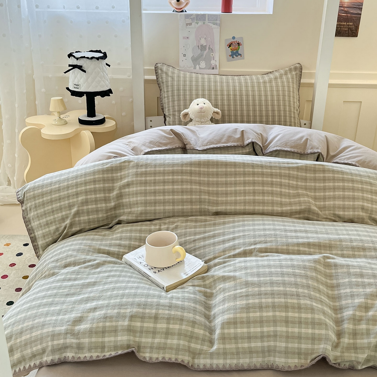 91家纺网 家纺一手货源 找家纺 蓝邻家纺 2025新款全棉水洗棉贝壳边三件套四件套-学生床 日落绿