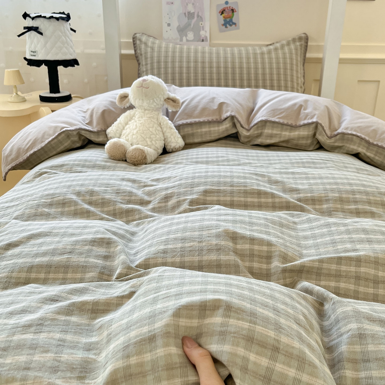 91家纺网 家纺一手货源 找家纺 蓝邻家纺 2025新款全棉水洗棉贝壳边三件套四件套-学生床 日落绿