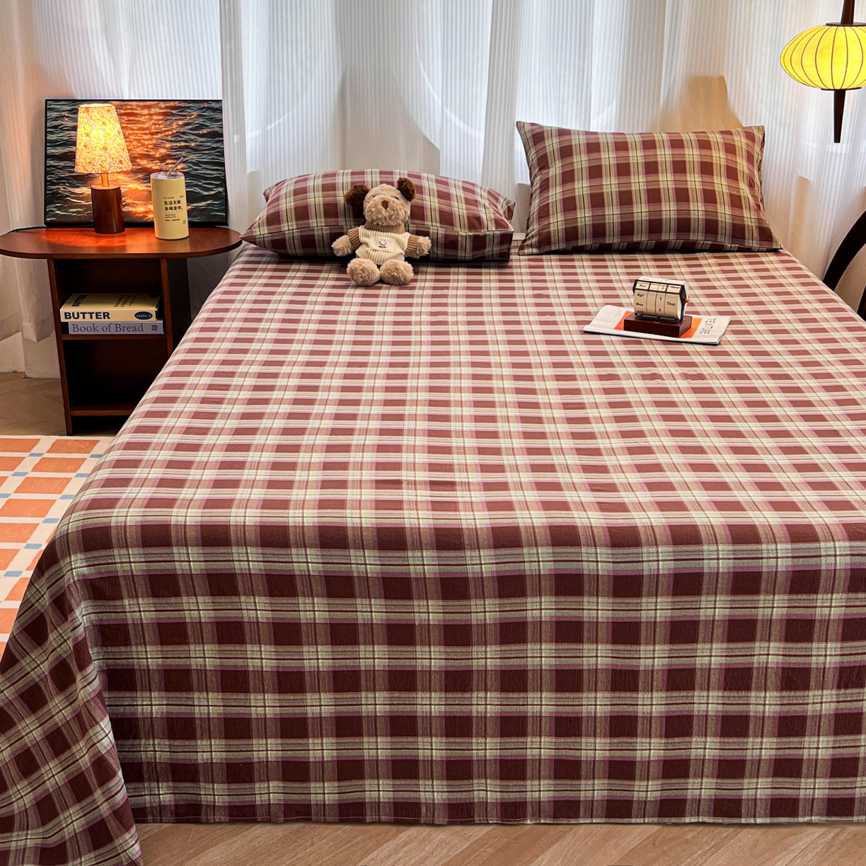 91家纺网 家纺一手货源 找家纺 韩巢家纺 2025新款双层纱格子复古风床单人学生宿舍单床单 床单单件 薄巧