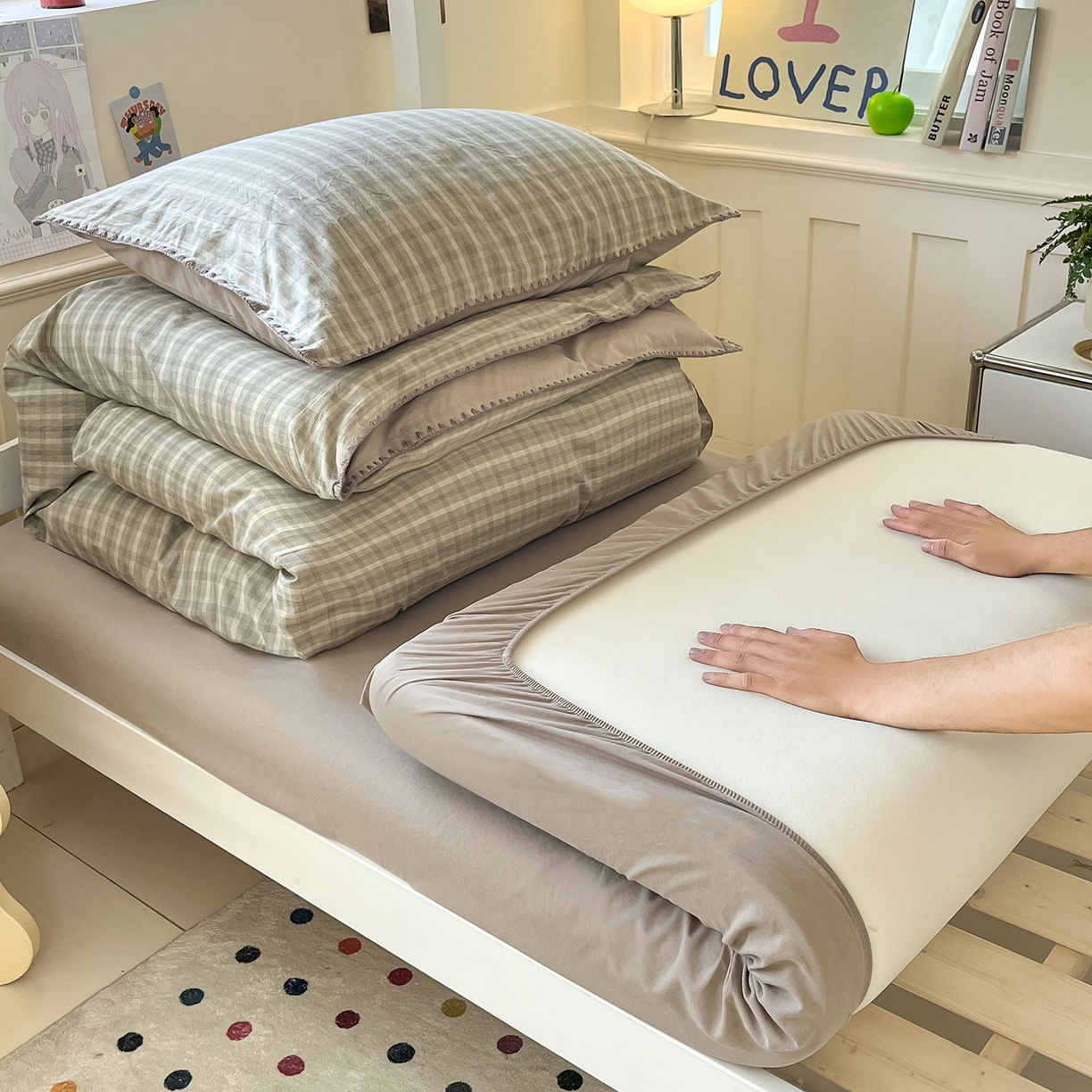 91家纺网 家纺一手货源 找家纺 蓝邻家纺 2025新款全棉水洗棉贝壳边三件套四件套-学生床 日落绿