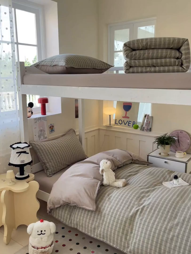 91家纺网 家纺一手货源 找家纺 蓝邻家纺 2025新款全棉水洗棉贝壳边三件套四件套-学生床 日落绿