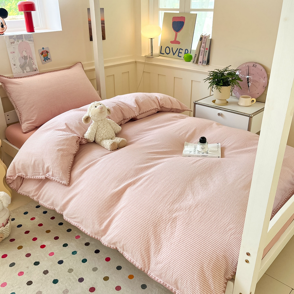 蓝邻家纺 2025新款全棉水洗棉贝壳边三件套四件套-学生床 左伊粉