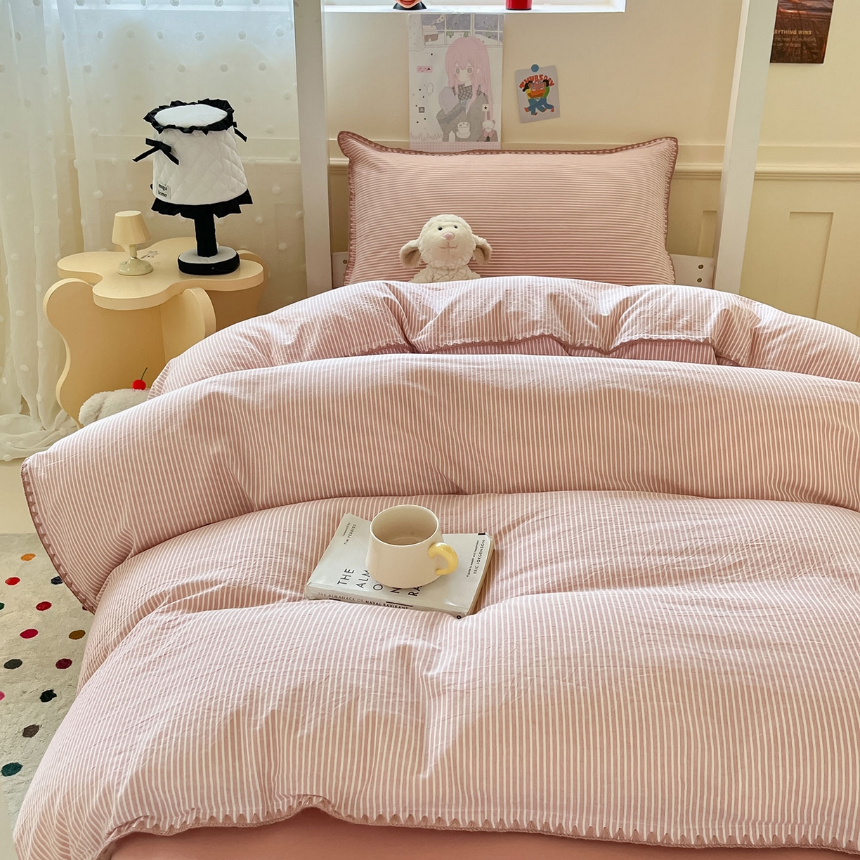 91家纺网 家纺一手货源 找家纺 蓝邻家纺 2025新款全棉水洗棉贝壳边三件套四件套-学生床 左伊粉