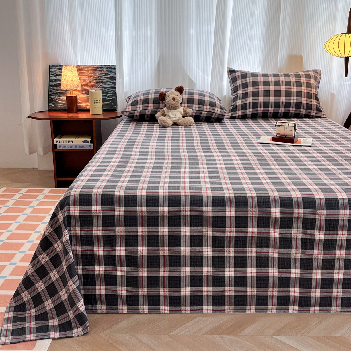 91家纺网 家纺一手货源 找家纺 韩巢家纺 2025新款双层纱格子复古风床单人学生宿舍单床单 床单单件 幻夜