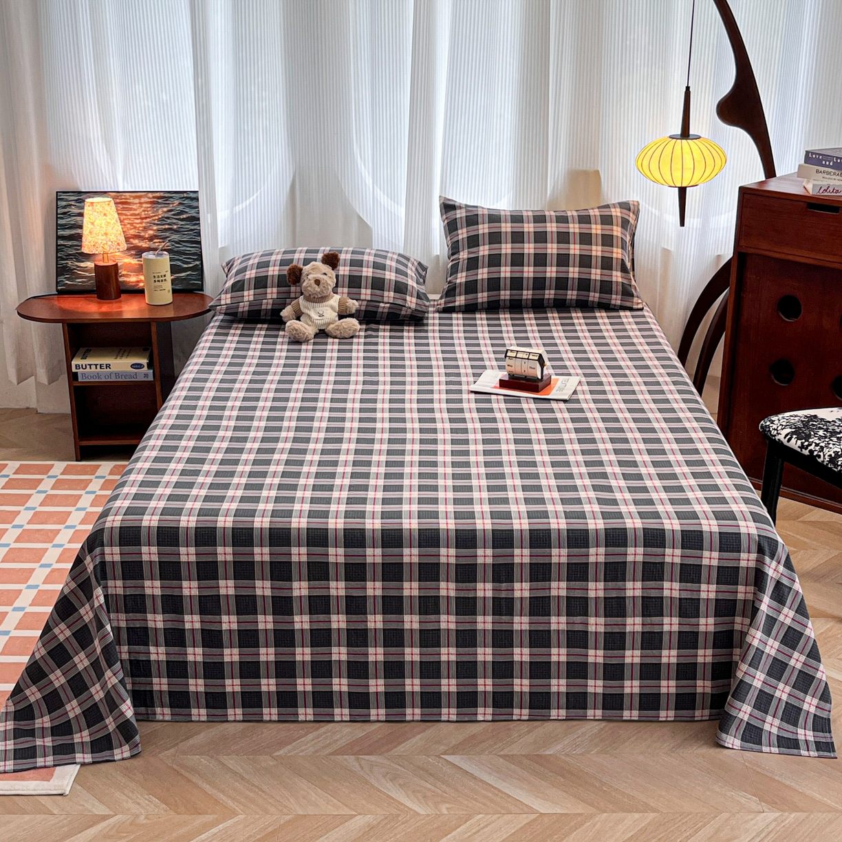 91家纺网 家纺一手货源 找家纺 韩巢家纺 2025新款双层纱格子复古风床单人学生宿舍单床单 床单单件 幻夜