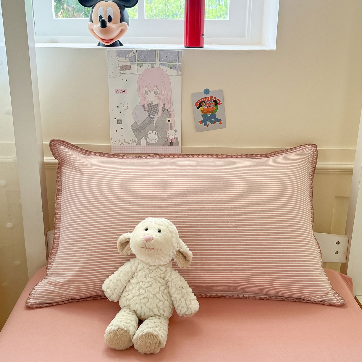 91家纺网 家纺一手货源 找家纺 蓝邻家纺 2025新款全棉水洗棉贝壳边三件套四件套-学生床 左伊粉