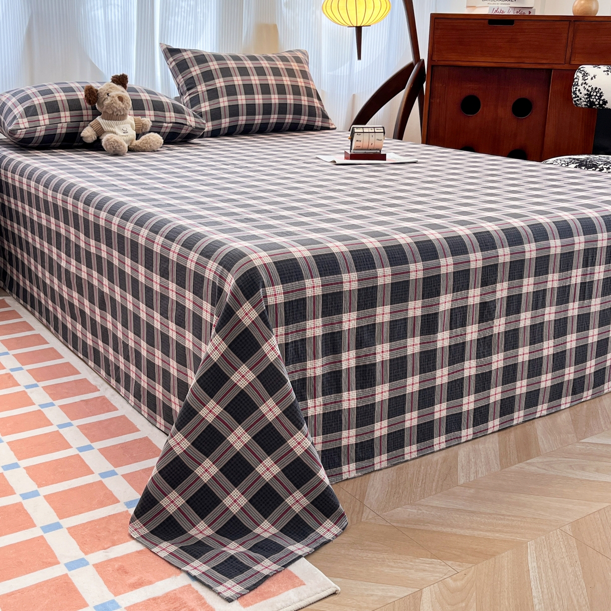 91家纺网 家纺一手货源 找家纺 韩巢家纺 2025新款双层纱格子复古风床单人学生宿舍单床单 床单单件 幻夜