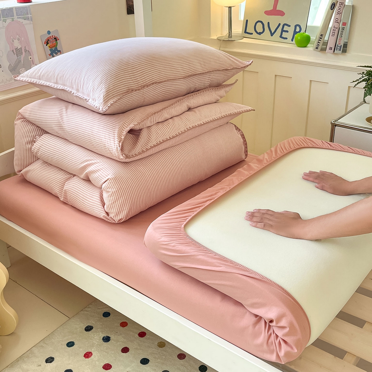 91家纺网 家纺一手货源 找家纺 蓝邻家纺 2025新款全棉水洗棉贝壳边三件套四件套-学生床 左伊粉