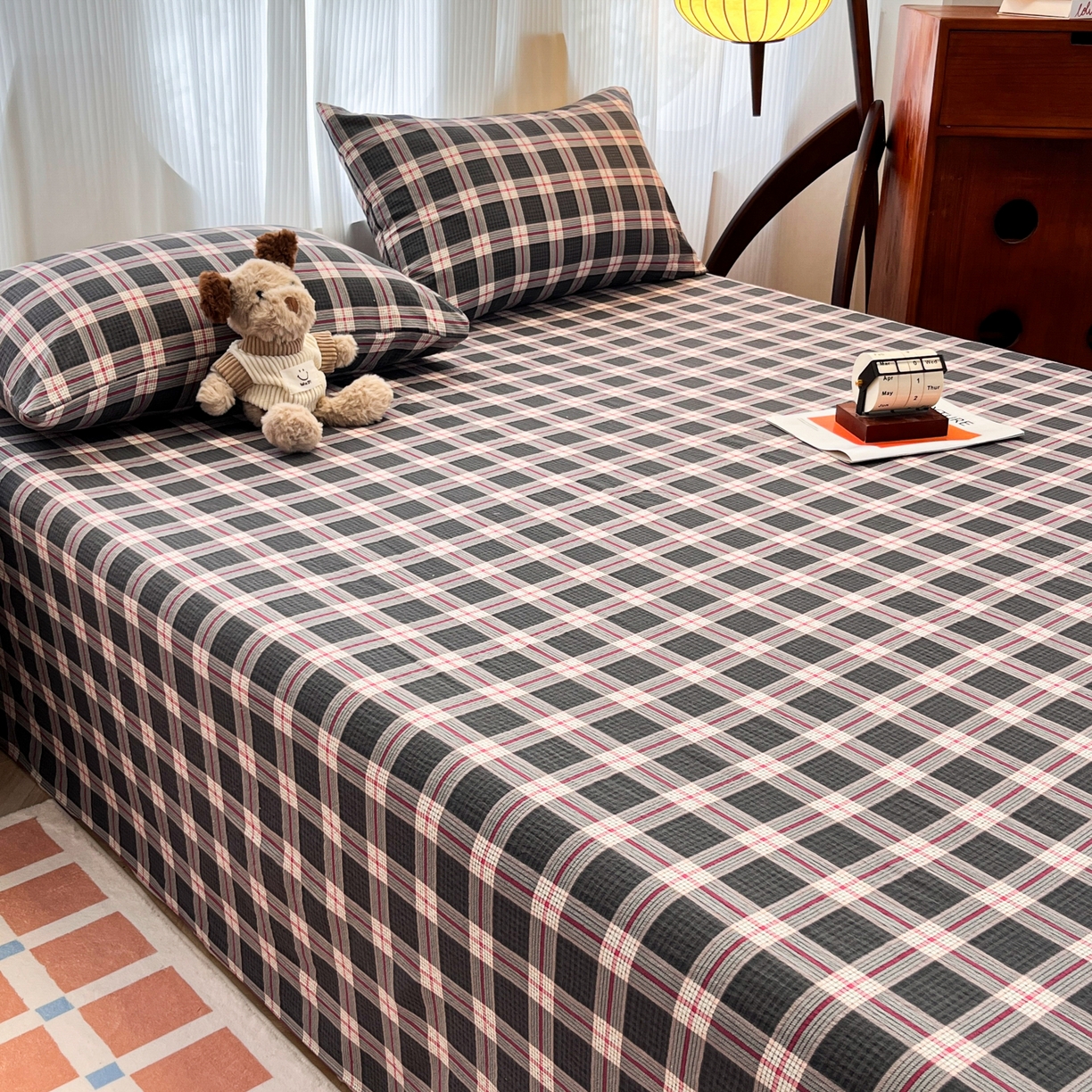 91家纺网 家纺一手货源 找家纺 韩巢家纺 2025新款双层纱格子复古风床单人学生宿舍单床单 床单单件 幻夜