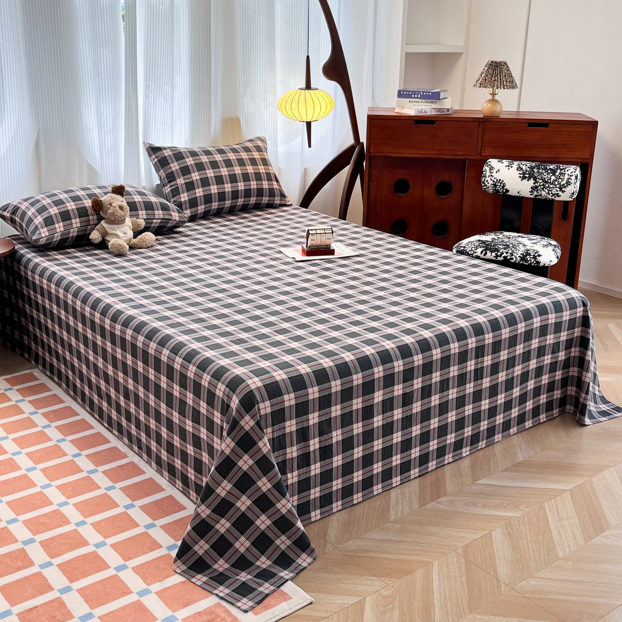 91家纺网 家纺一手货源 找家纺 韩巢家纺 2025新款双层纱格子复古风床单人学生宿舍单床单 床单单件 幻夜