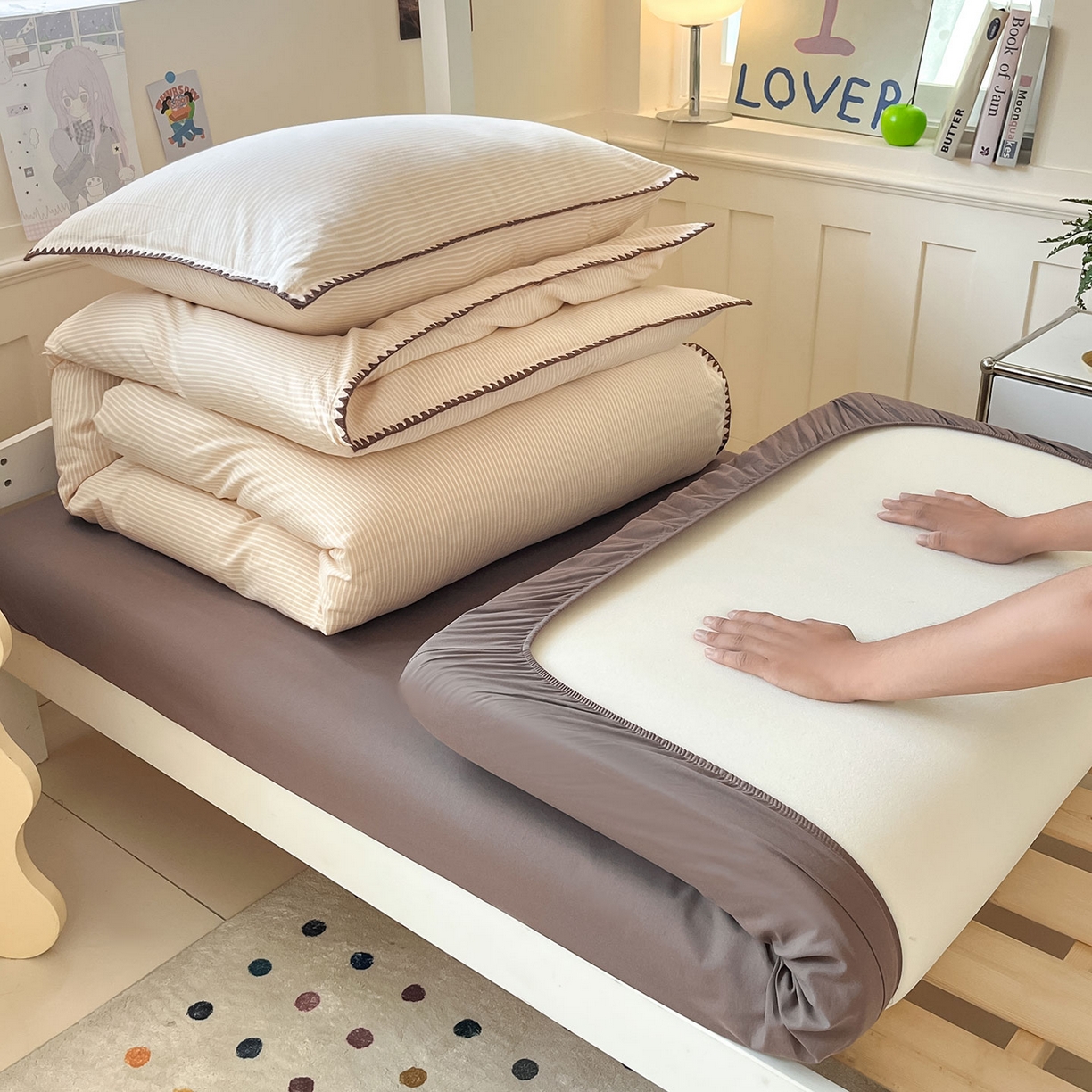 91家纺网 家纺一手货源 找家纺 蓝邻家纺 2025新款全棉水洗棉贝壳边三件套四件套-学生床 左伊黄