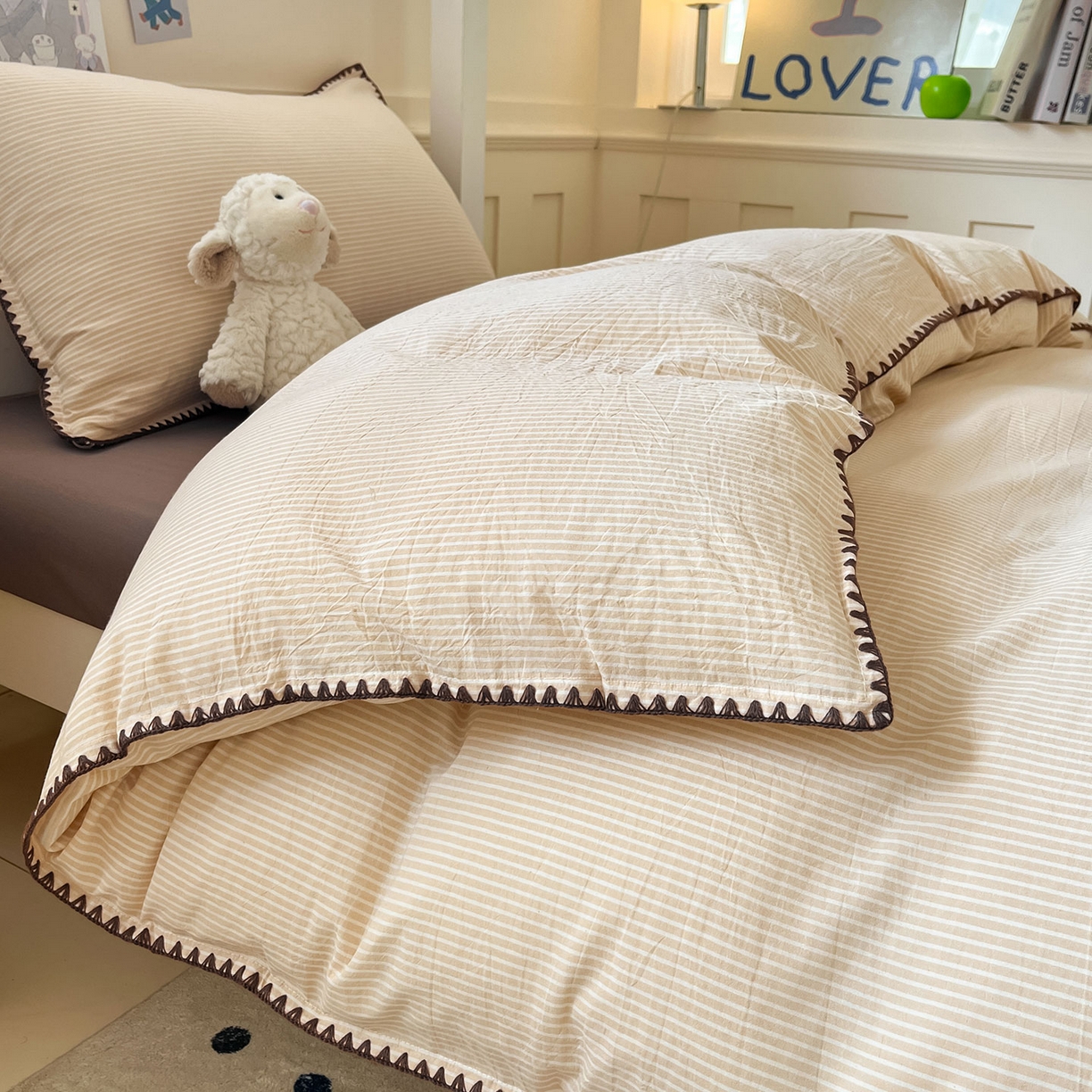 91家纺网 家纺一手货源 找家纺 蓝邻家纺 2025新款全棉水洗棉贝壳边三件套四件套-学生床 左伊黄