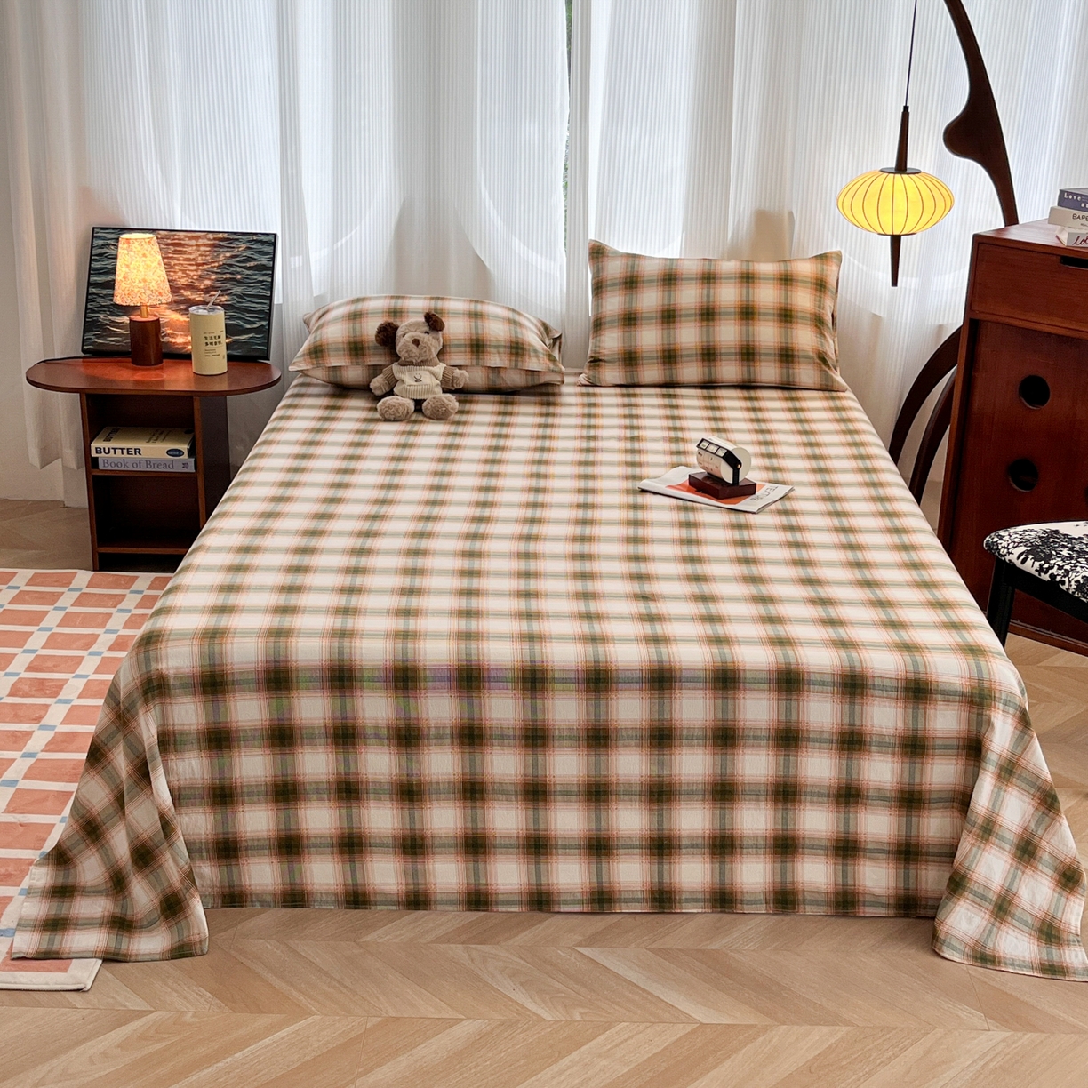 91家纺网 家纺一手货源 找家纺 韩巢家纺 2025新款双层纱格子复古风床单人学生宿舍单床单 床单单件 葵野