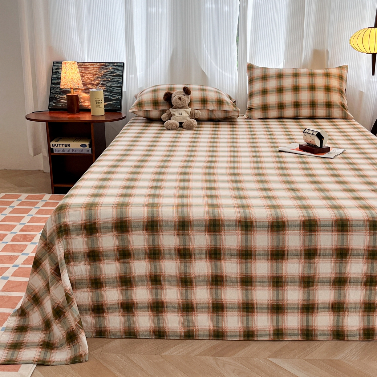 91家纺网 家纺一手货源 找家纺 韩巢家纺 2025新款双层纱格子复古风床单人学生宿舍单床单 床单单件 葵野