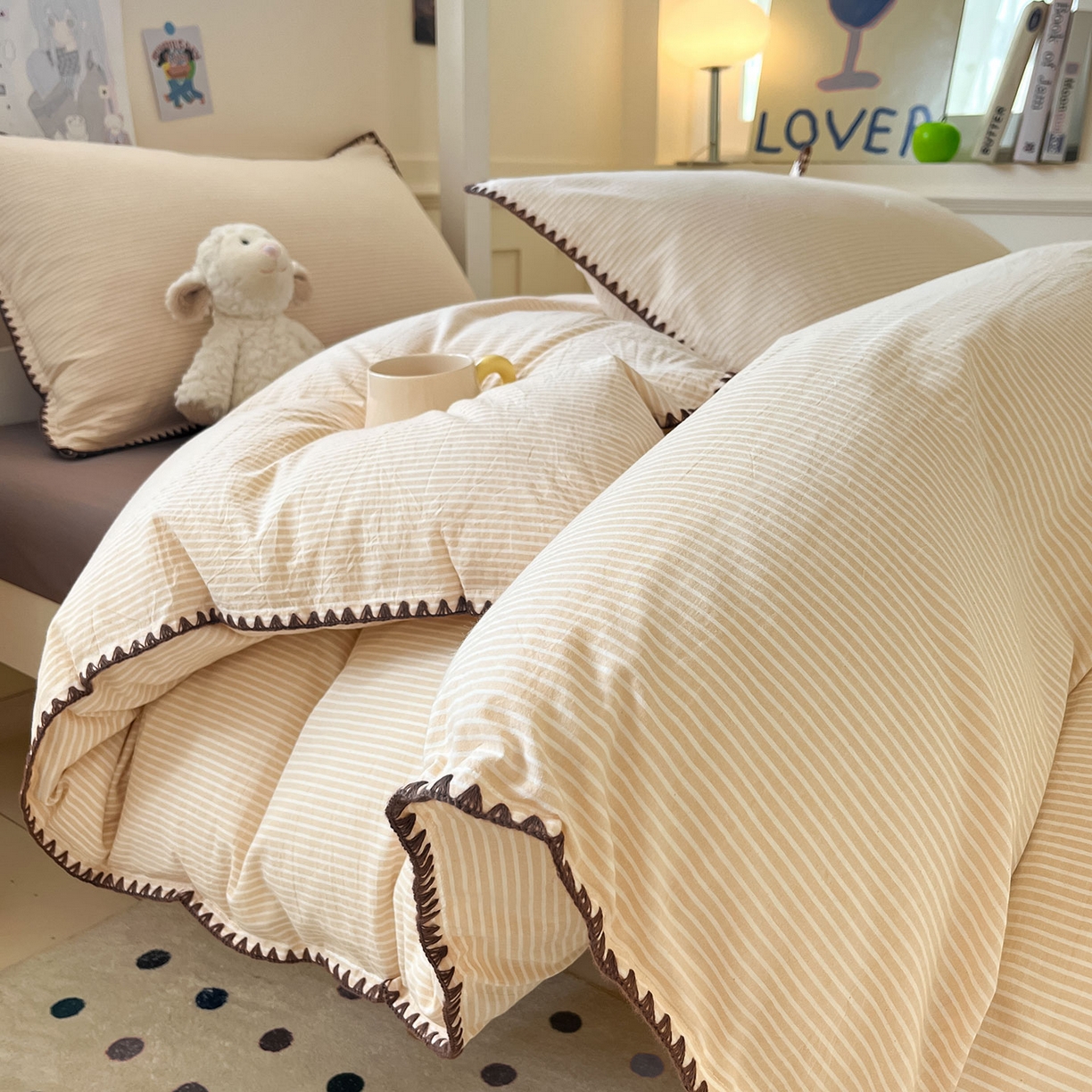 91家纺网 家纺一手货源 找家纺 蓝邻家纺 2025新款全棉水洗棉贝壳边三件套四件套-学生床 左伊黄