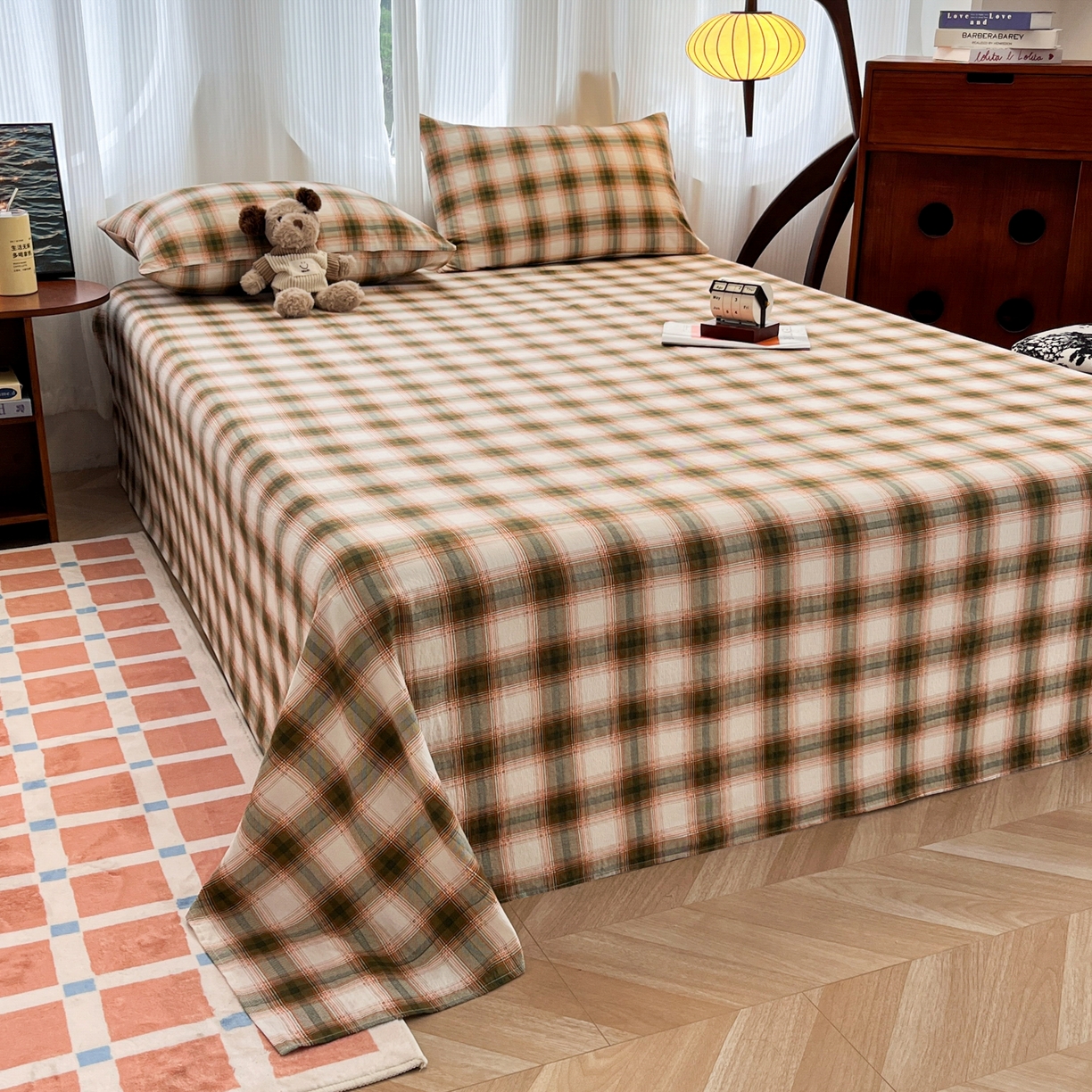 91家纺网 家纺一手货源 找家纺 韩巢家纺 2025新款双层纱格子复古风床单人学生宿舍单床单 床单单件 葵野