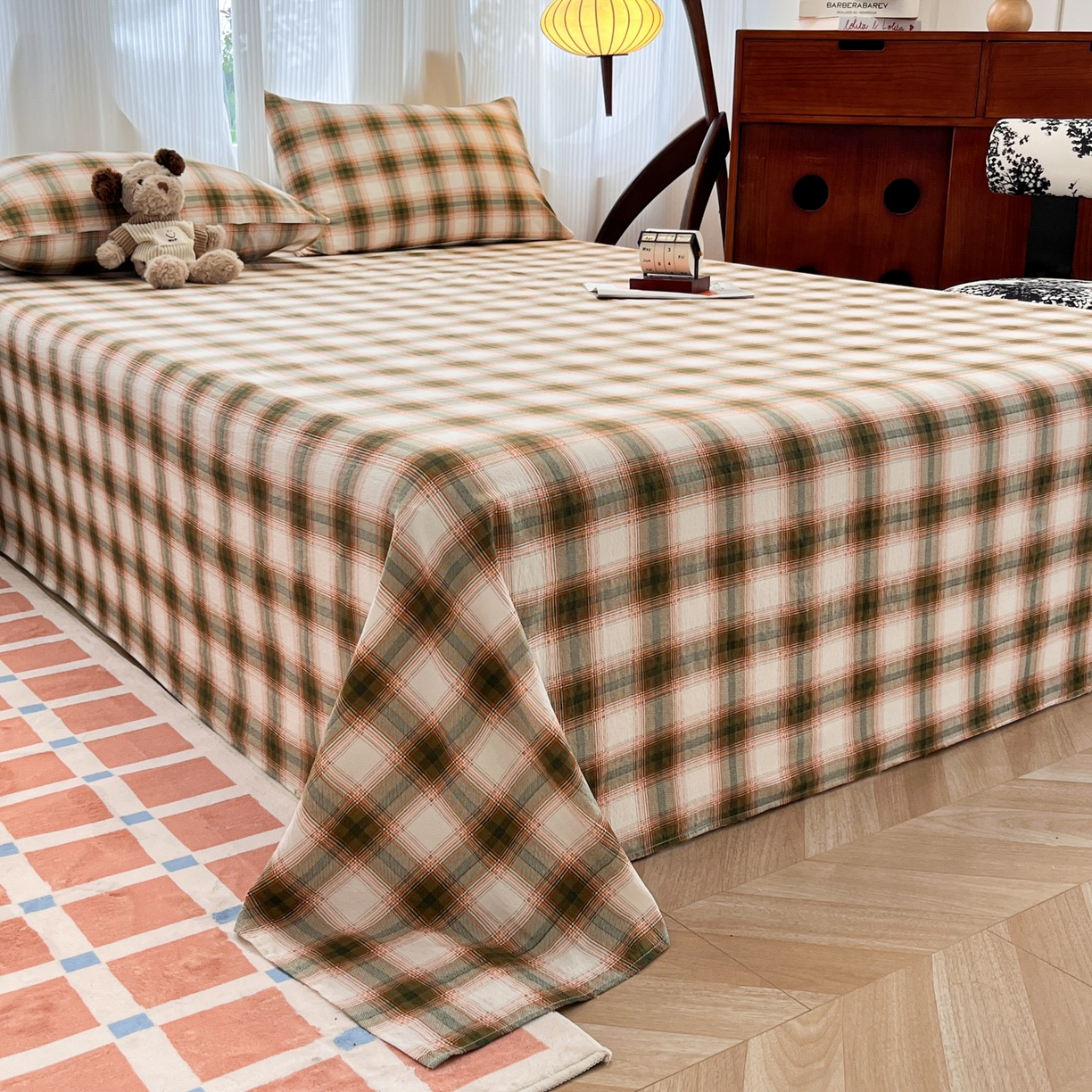 91家纺网 家纺一手货源 找家纺 韩巢家纺 2025新款双层纱格子复古风床单人学生宿舍单床单 床单单件 葵野