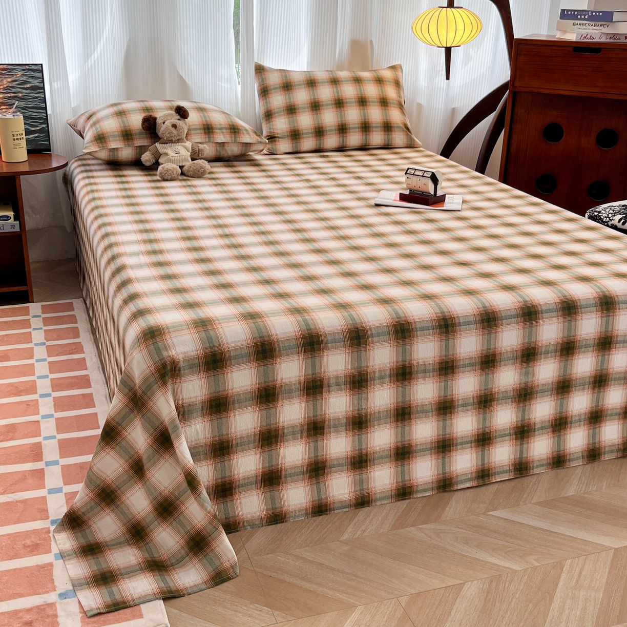 91家纺网 家纺一手货源 找家纺 韩巢家纺 2025新款双层纱格子复古风床单人学生宿舍单床单 床单单件 葵野