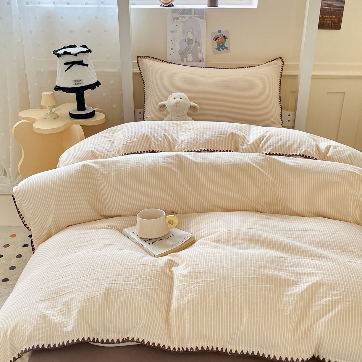 91家纺网 家纺一手货源 找家纺 蓝邻家纺 2025新款全棉水洗棉贝壳边三件套四件套-学生床 左伊黄