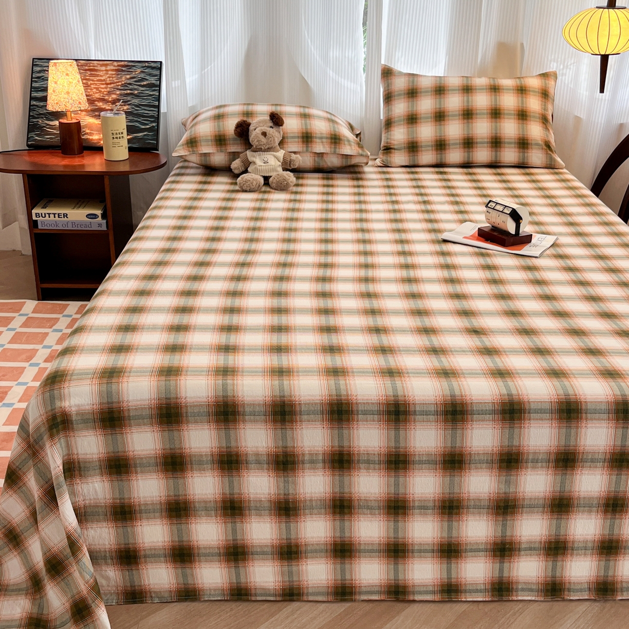 91家纺网 家纺一手货源 找家纺 韩巢家纺 2025新款双层纱格子复古风床单人学生宿舍单床单 床单单件 葵野