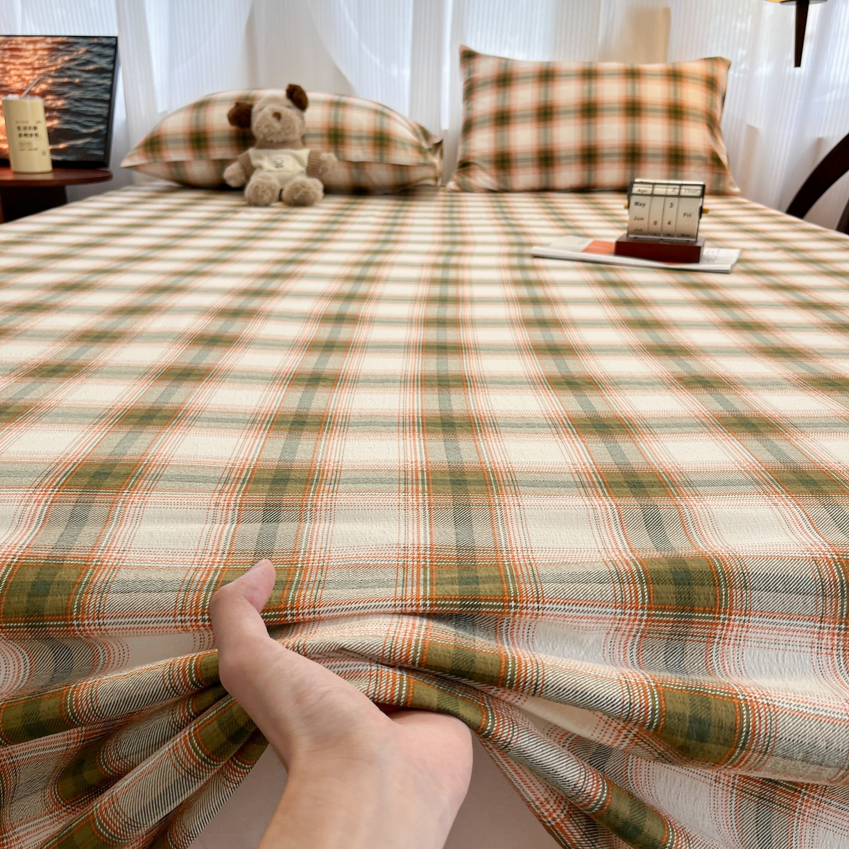 91家纺网 家纺一手货源 找家纺 韩巢家纺 2025新款双层纱格子复古风床单人学生宿舍单床单 床单单件 葵野