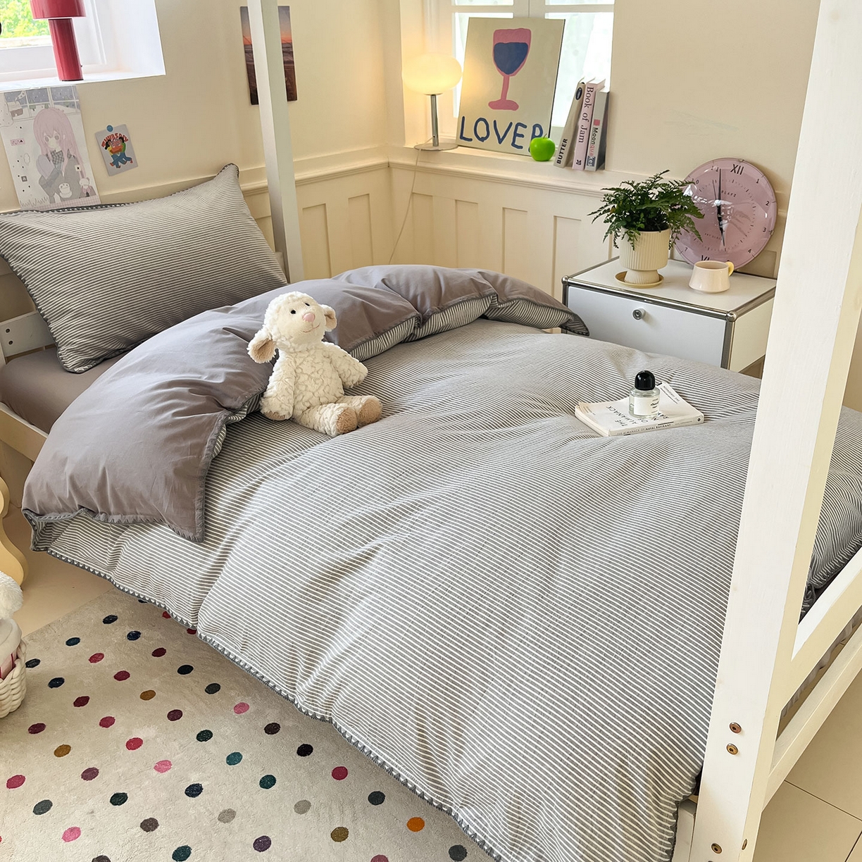 蓝邻家纺 2025新款全棉水洗棉贝壳边三件套四件套-学生床 左伊灰