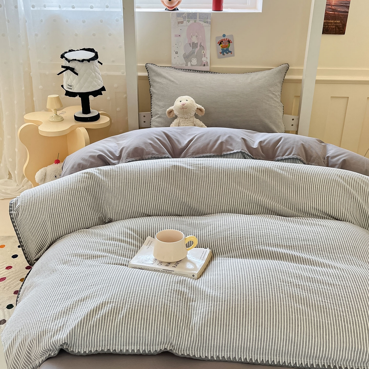 91家纺网 家纺一手货源 找家纺 蓝邻家纺 2025新款全棉水洗棉贝壳边三件套四件套-学生床 左伊灰