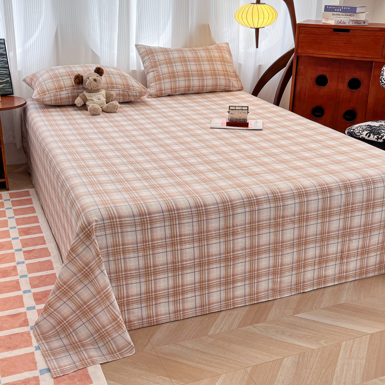 91家纺网 家纺一手货源 找家纺 韩巢家纺 2025新款双层纱格子复古风床单人学生宿舍单床单 床单单件 鹿灵