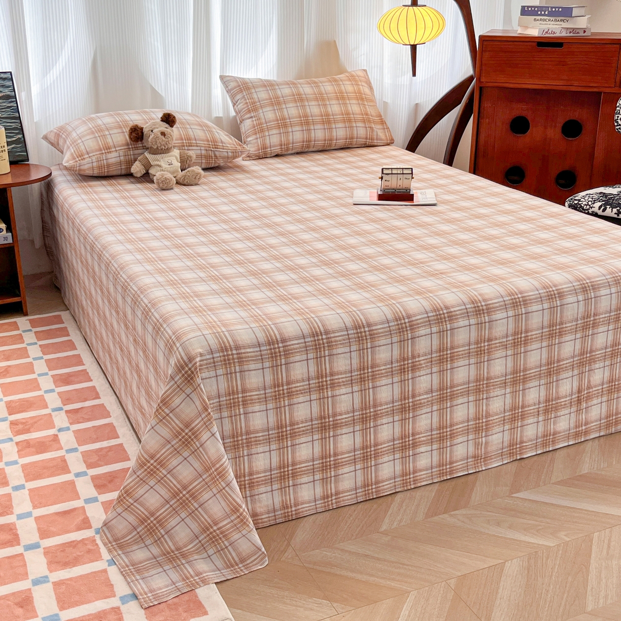 91家纺网 家纺一手货源 找家纺 韩巢家纺 2025新款双层纱格子复古风床单人学生宿舍单床单 床单单件 鹿灵