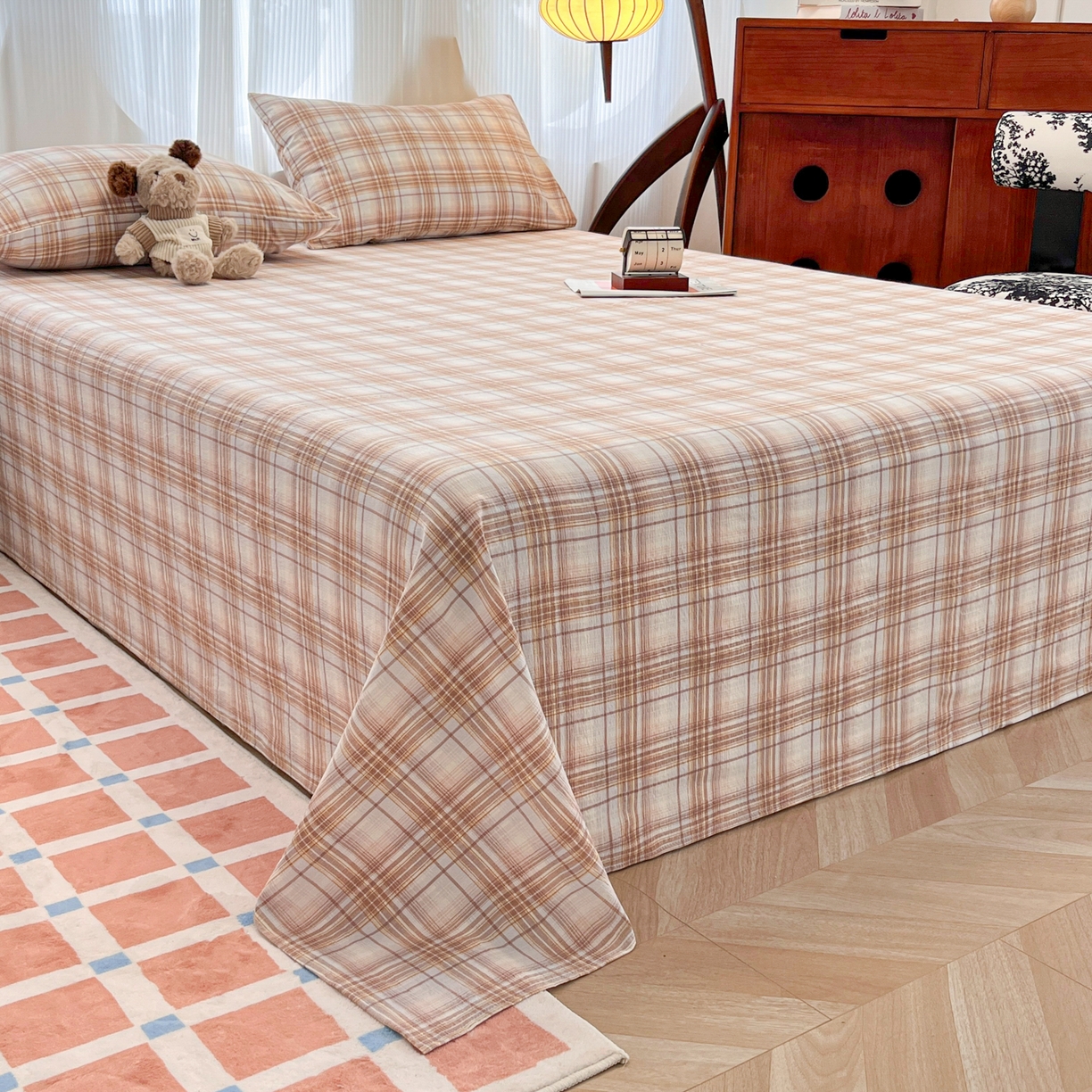 91家纺网 家纺一手货源 找家纺 韩巢家纺 2025新款双层纱格子复古风床单人学生宿舍单床单 床单单件 鹿灵