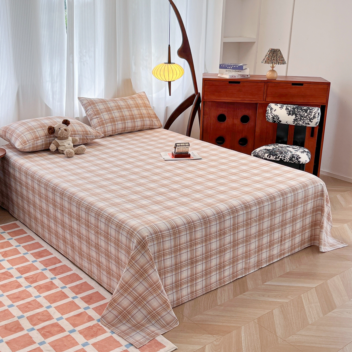 91家纺网 家纺一手货源 找家纺 韩巢家纺 2025新款双层纱格子复古风床单人学生宿舍单床单 床单单件 鹿灵