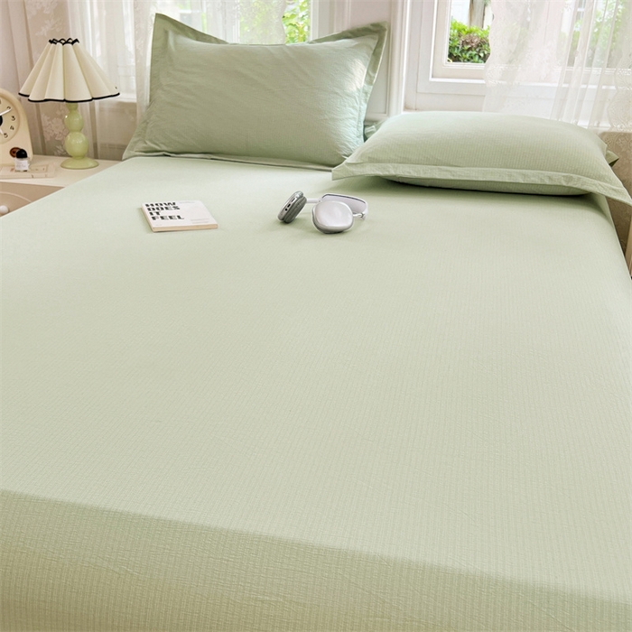 91家纺网 家纺一手货源 找家纺 梦舒羽 2025新款云感双层纱印花床笠宿舍纯色床垫保护套三件套 抹茶绿
