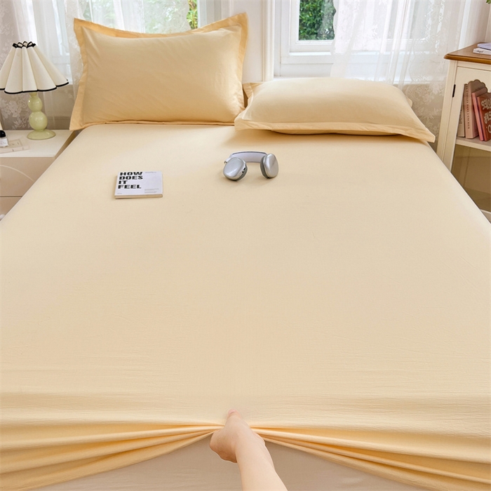 91家纺网 家纺一手货源 找家纺 梦舒羽 2025新款云感双层纱印花床笠宿舍纯色床垫保护套三件套 奶酪黄
