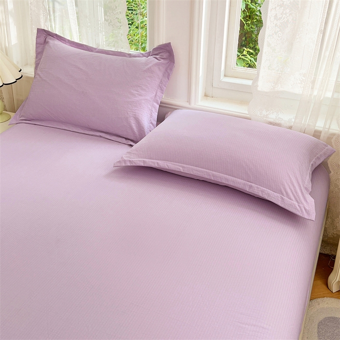 91家纺网 家纺一手货源 找家纺 梦舒羽 2025新款云感双层纱印花床笠宿舍纯色床垫保护套三件套 暮山紫