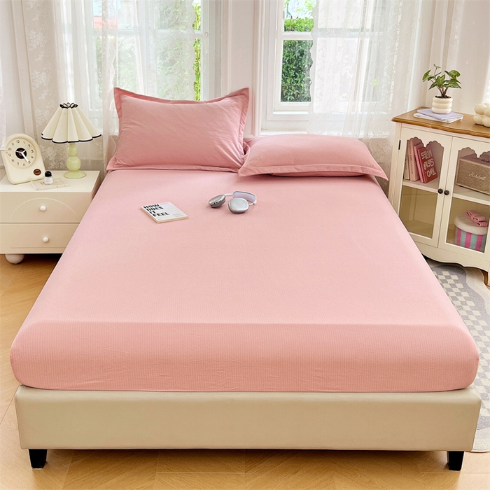 91家纺网 家纺一手货源 找家纺 梦舒羽 2025新款云感双层纱印花床笠宿舍纯色床垫保护套三件套 告白粉