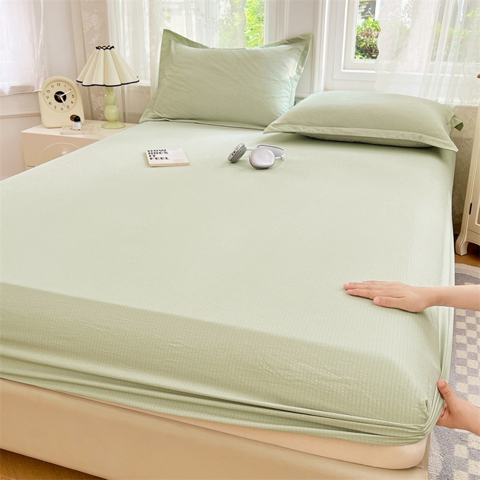 91家纺网 家纺一手货源 找家纺 梦舒羽 2025新款云感双层纱印花床笠宿舍纯色床垫保护套三件套 抹茶绿