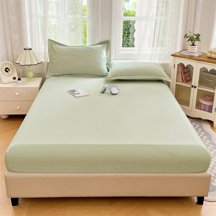 91家纺网 家纺一手货源 找家纺 梦舒羽 2025新款云感双层纱印花床笠宿舍纯色床垫保护套三件套 抹茶绿